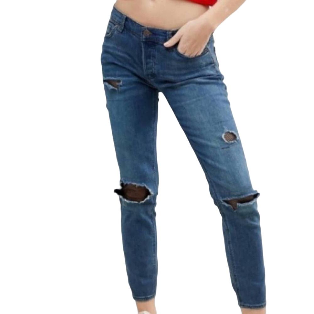 Free People Blue Denim Black Mesh Distressed Skinny Cropped Low Rise Jeans 26